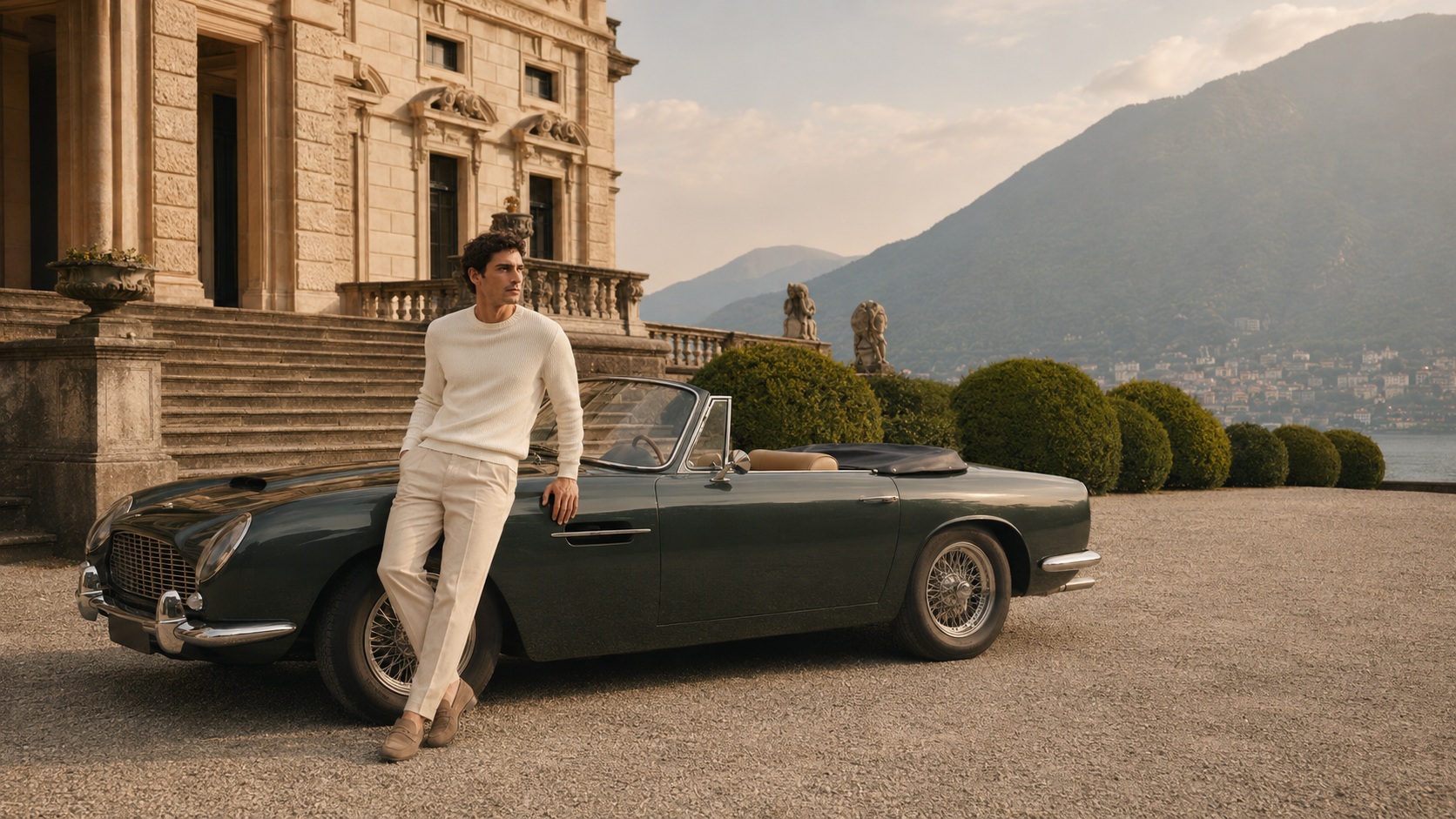 A cream knit crewneck and off-white trousers, beside a vintage car at a lakeside villa